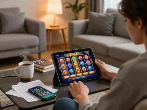 Engaging with slot 5k games using a tablet in a cozy home setting, showcasing bankroll management.