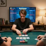 Pemain poker online Bintangmpo fokus pada strategi permainan selama sesi intens di rumah.