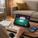 Engaged user playing sunwin online poker on a tablet, showcasing a strategic gaming environment at home.