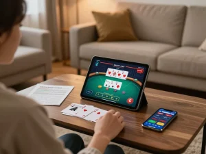 Engaged user playing sunwin online poker on a tablet, showcasing a strategic gaming environment at home.