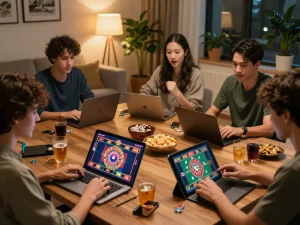 Players enjoying online casinos in Canada from a cozy home setup discussing strategies and gameplay.