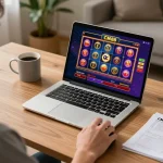 Engaging player immersed in CM88 online casino gameplay on a stylish laptop in a cozy home setting.