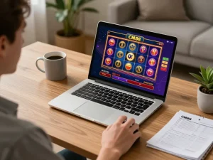 Engaging player immersed in CM88 online casino gameplay on a stylish laptop in a cozy home setting.