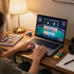 Engaging with viral88 live dealer game on a laptop at home, featuring vibrant cards and chips
