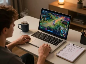 Bergabung dalam sesi permainan online di armorbet dengan gameplay yang imersif di laptop yang elegan.