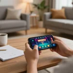 Pemain berinteraksi dengan aplikasi kasino tenku-ichiba sambil menikmati suasana rumah yang santai, menekankan permainan mobile modern.