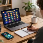Engaging in an online MM99 Slot game at home with a laptop and tablet for strategy.