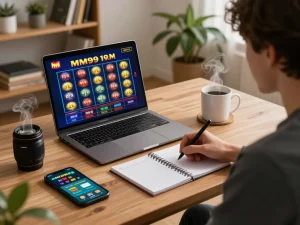 Engaging in an online MM99 Slot game at home with a laptop and tablet for strategy.