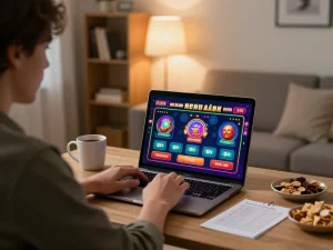 Player enjoying online gambling at home with cm88 app on their laptop, showcasing strategies and comfort.