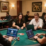 Players engaged in strategic poker gameplay on laptops, showcasing f8beta2 unique online gambling atmosphere.
