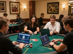 Players engaged in strategic poker gameplay on laptops, showcasing f8beta2 unique online gambling atmosphere.