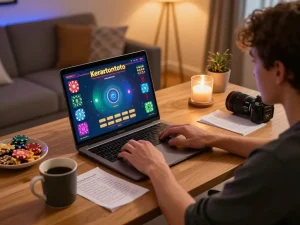 Keratontoto gaming action from a cozy home setup showcasing responsible play and strategy.