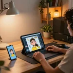 Create a Caricature in a comfortable online gaming setup, showcasing a user engaged in caricature art generation