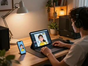 Create a Caricature in a comfortable online gaming setup, showcasing a user engaged in caricature art generation