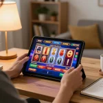 Pemain yang terlibat memutar gulungan slot online di tablet, menampilkan pengaturan permainan di rumah