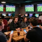 Penggemar taruhan olahraga SPBO bersorak untuk tim sambil berinteraksi dengan aplikasi mobile di lounge yang mendebarkan