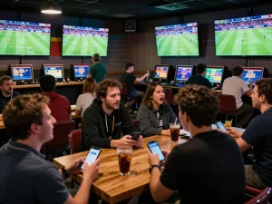 Penggemar taruhan olahraga SPBO bersorak untuk tim sambil berinteraksi dengan aplikasi mobile di lounge yang mendebarkan