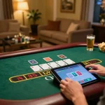 Engaging in online blackjack at home while using tx88 tablet for live dealer game.