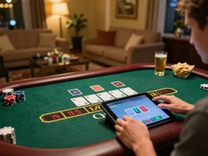 Engaging in online blackjack at home while using tx88 tablet for live dealer game.