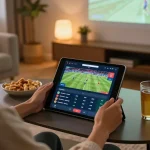 Person engaged in sports betting on ta88 tablet in a cozy home setting.