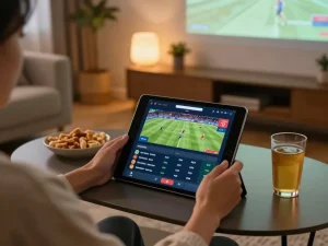 Person engaged in sports betting on ta88 tablet in a cozy home setting.