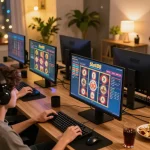 Engaging gamers enjoying Slot88 online gambling from a cozy modern home office.