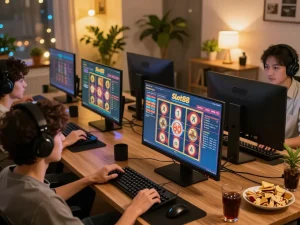 Engaging gamers enjoying Slot88 online gambling from a cozy modern home office.