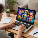 Engaging gameplay of toto slot games on a laptop, showcasing vibrant graphics in a cozy home setting.