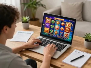 Engaging gameplay of toto slot games on a laptop, showcasing vibrant graphics in a cozy home setting.