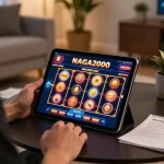 NAGA2000 online gambler enjoying interactive slot gameplay in a cozy setting, showcasing engaging gaming experience.