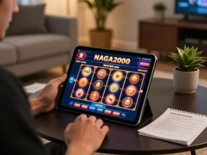 NAGA2000 online gambler enjoying interactive slot gameplay in a cozy setting, showcasing engaging gaming experience.