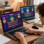 Experience the excitement of BETWIN4D with live dealer games on a laptop in a cozy home.