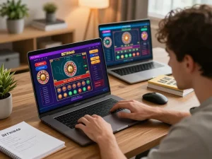 Experience the excitement of BETWIN4D with live dealer games on a laptop in a cozy home.