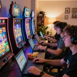 Exciting slot gacor gaming moment with players enjoying colorful slot machines and devices in a cozy living room.