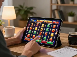 Momen permainan yang menarik saat memutar Slot Demo di tablet di rumah, menampilkan pengalaman gulungan kemenangan.
