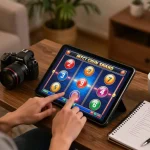 Spin the reels on a slot machine in a cozy home gaming setup with strategic notes and warm lighting.