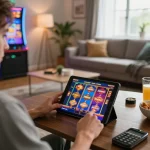 Player enjoying slots not on gamstop in a cozy home environment with engaging tablet interface