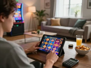 Player enjoying slots not on gamstop in a cozy home environment with engaging tablet interface