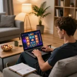 Player engaging with Lc888 online casino game on laptop, cozy home setting.