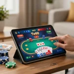 Engaging home gaming setup showcasing Tr88 chính thức poker action on a tablet, cozy atmosphere with warm lighting.