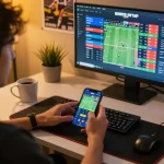 Engaging in mobile sports betting with ทางเข้า m119 displayed on the app interface and warm ambiance
