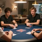 Players engaged in a thrilling poker game at home, showcasing strategic gameplay and excitement, Tr888 atmosphere highlighted.
