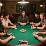 Excited players engage in a home poker game, showcasing their strategic skills in aa88 gameplay.