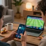 Engaging in live betting on VN23 app while enjoying a sports match in a cozy home setting.