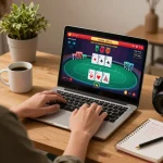 Engaging online gameplay at nk88 with user immersed in poker strategy and cozy decor.