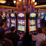 Players engaging enthusiastically at AZTEC888 slot machines with colorful displays, vibrant casino atmosphere