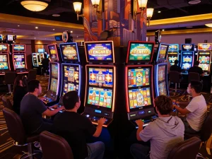 Players engaging enthusiastically at AZTEC888 slot machines with colorful displays, vibrant casino atmosphere