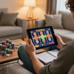 Engaged player enjoying a Pragmatic Slot game on a tablet at home, showcasing a vibrant online gaming atmosphere.