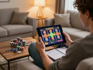 Engaged player enjoying a Pragmatic Slot game on a tablet at home, showcasing a vibrant online gaming atmosphere.