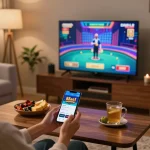 Player enjoying the 88aa1 casino app on a smartphone in a cozy home setting with inviting atmosphere